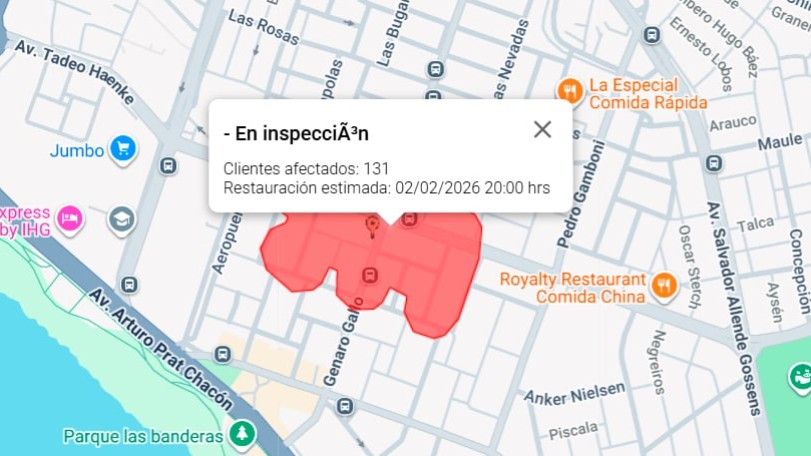 Corte de luz afecta al centro de Iquique y mantiene a más de 130 clientes sin suministro